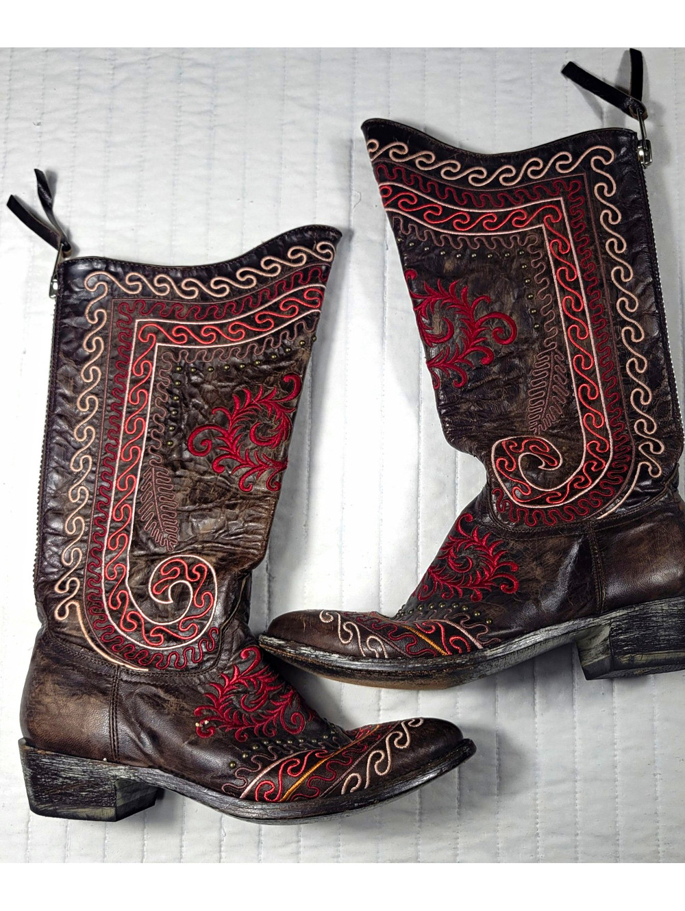 Old Gringo Women’s Western Boots Brown Leather Red Embroidery Zip US 9.5